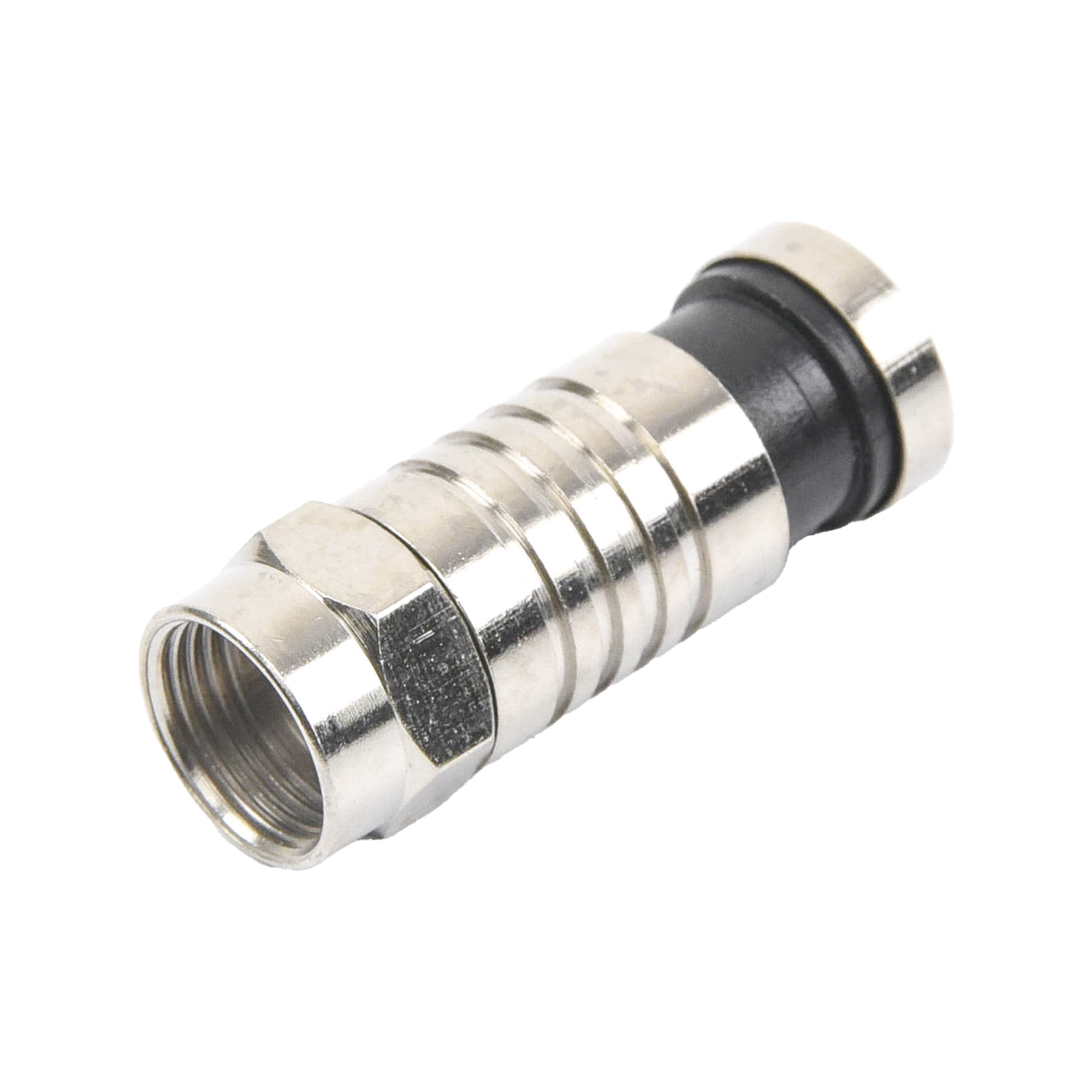 Conector F Macho de Compresión para cable RG-6, Cuerpo de Bronce Niquelado. Conector F Macho de Compresión para cable RG-6, Cuerpo de Bronce Niquelado.